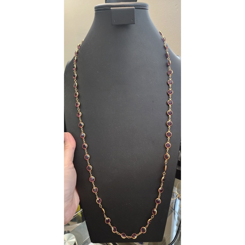 Swarovski Gold Tone Purple Crystal Station Long Necklace Amethyst Color Stone